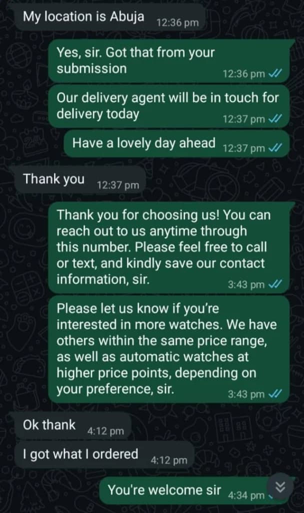 Customer WhatsApp message 1